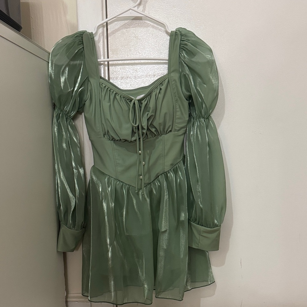 Green Puff-Sleeve Mini Dress - Brand Unknown